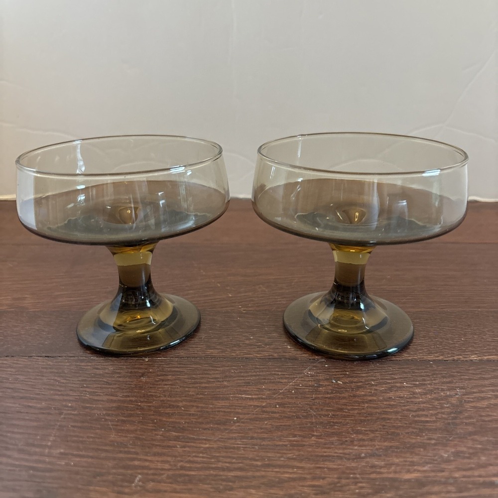 Set of 2 Vintage Tawny Brown Accent Smoke Footed Champagne/Tall Sherbet Glasses